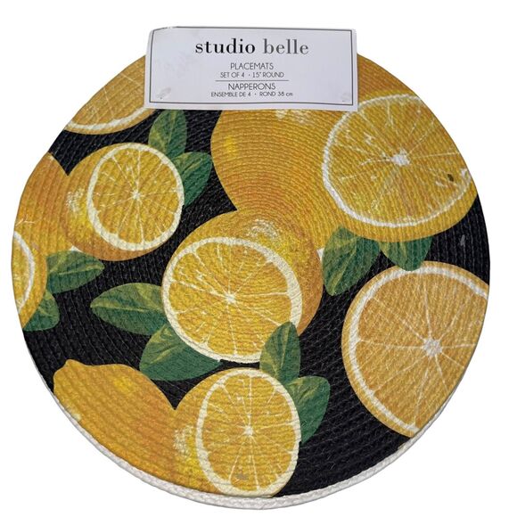 Round 15" Placemats Woven Lemon Table Farmhouse Country Decor Yellow Black x4 - Picture 5 of 7